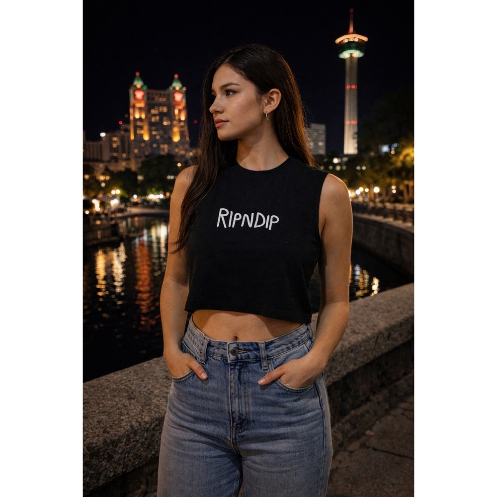 RIPNDIP Cropped Rhinestone Tank Top Black Sleeveless Size S
